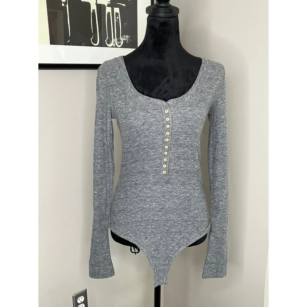 Free People Intimately Dylan Henley Thermal Long Sleeve Bodysuit Grey Small NWOT - Picture 2 of 10